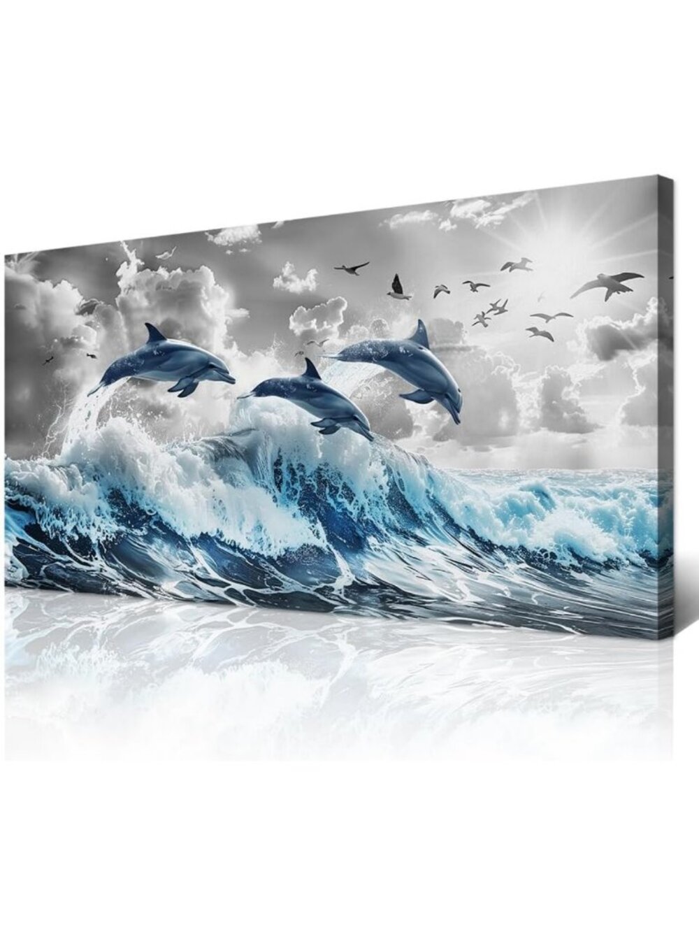 Large Framed Canvas Wall Art - Blue Waves & Dolphins Seascape Decor for Living